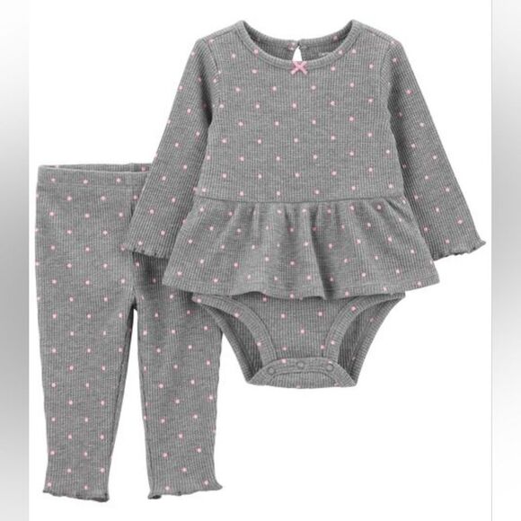 Carter's size 3 months Baby girl 2-Piece Polka Dot gray pink Bodysuit Pant Set - Picture 1 of 4